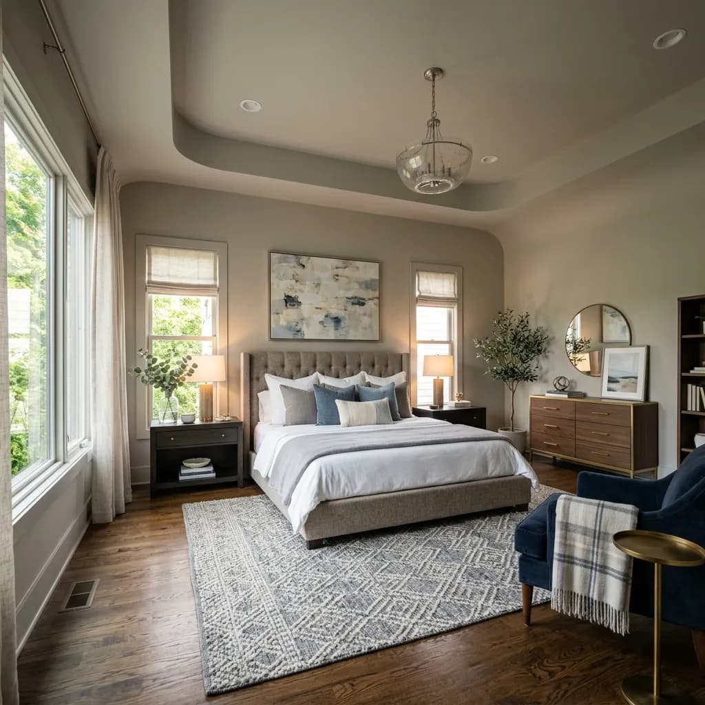 Atlanta bedroom with walls and ceiling painted the same warm gray in afternoon light