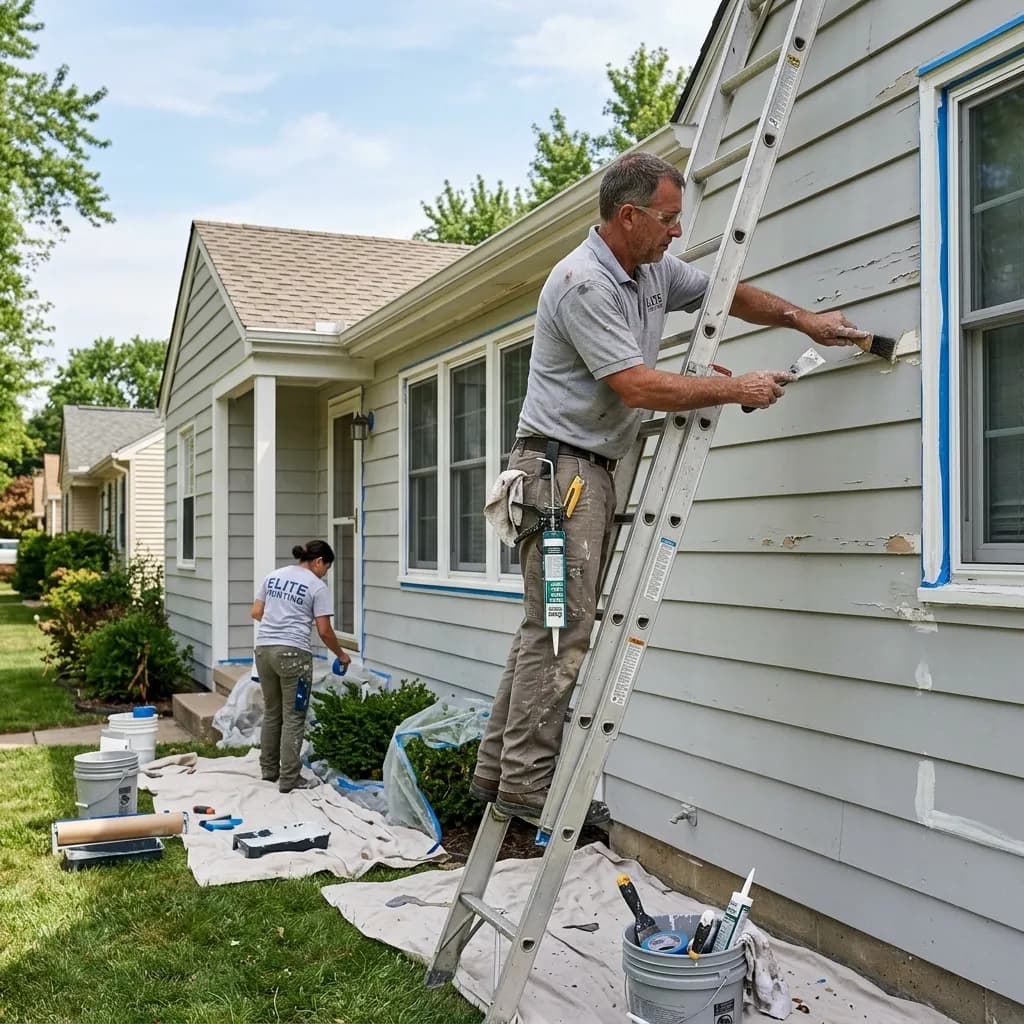 Painter on a ladder scraping and caulking siding on a one-story Atlanta home before an exterior repaint.