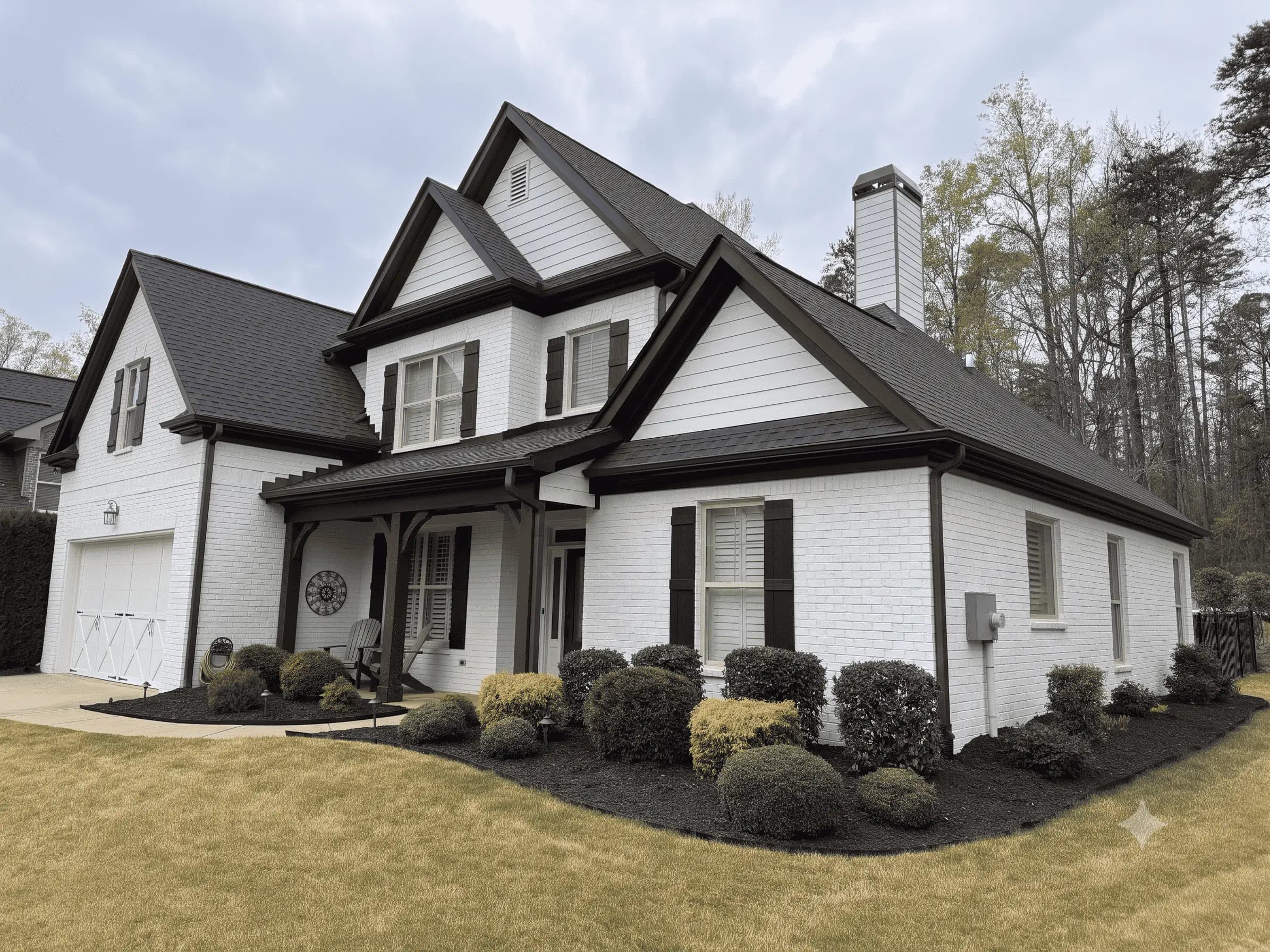 Brick home previewed with white painted brick and dark trim