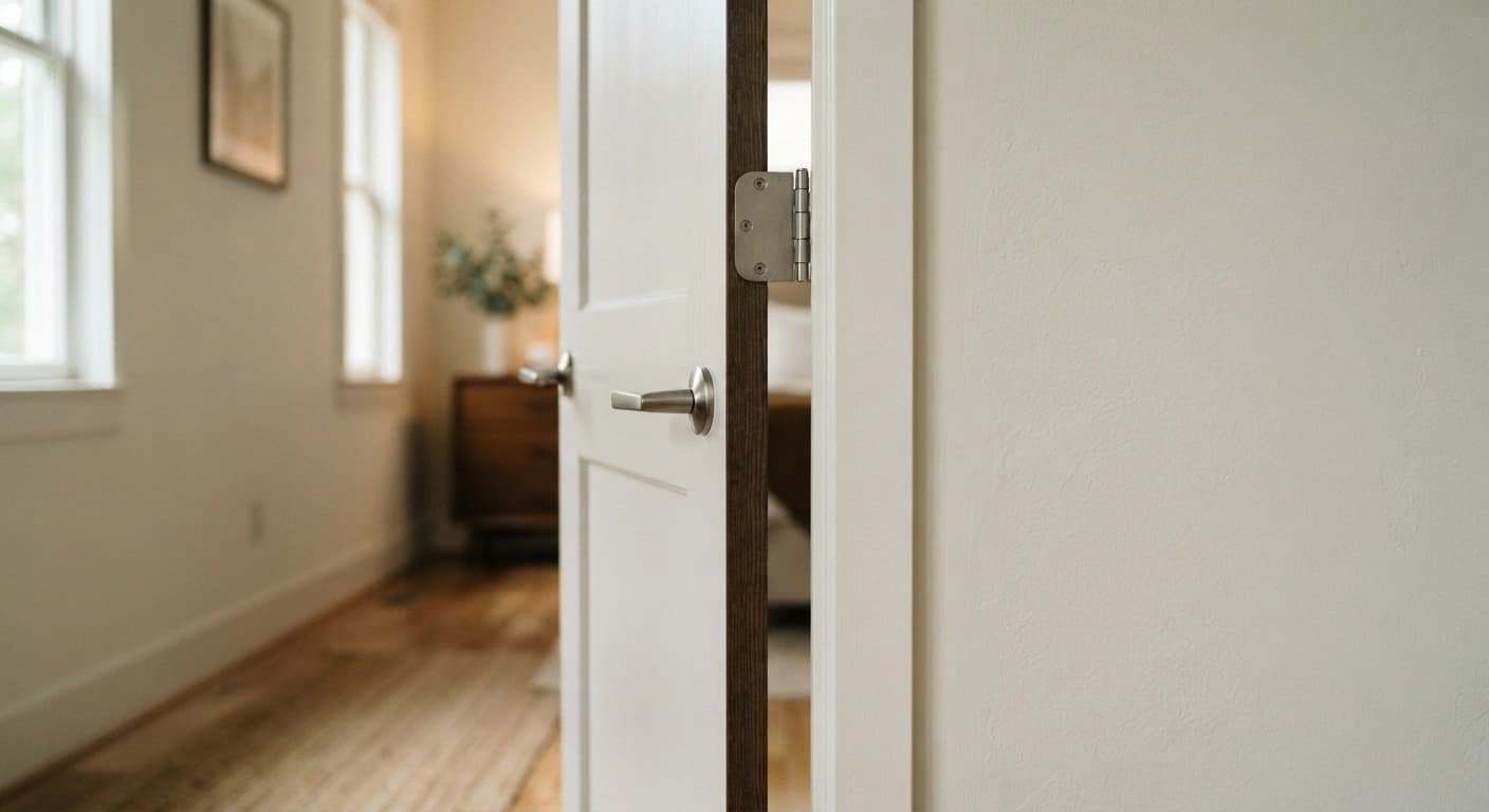 Eggshell hallway wall with a semi-gloss door in an Atlanta home