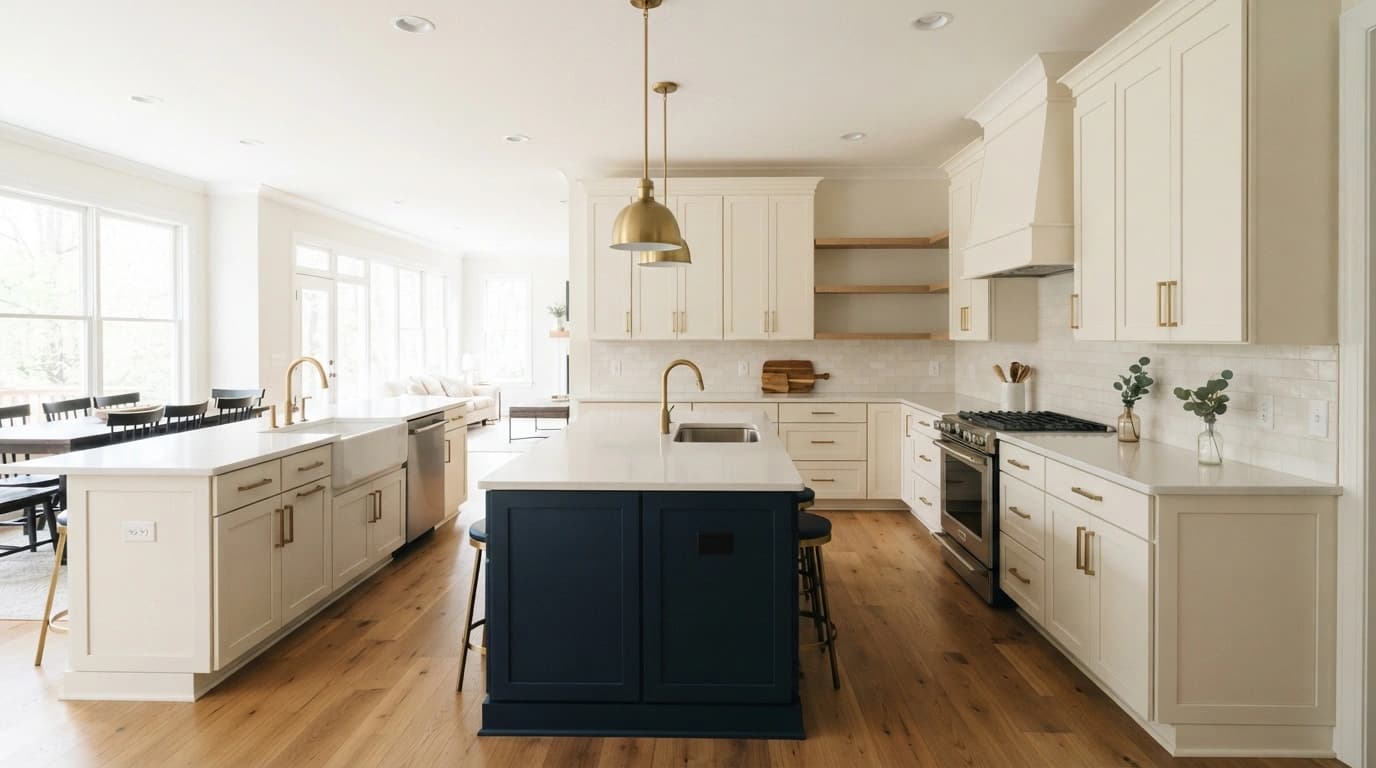 Sprayed kitchen cabinets in a warm white with a navy island in an Atlanta home, finished by OVO Painting