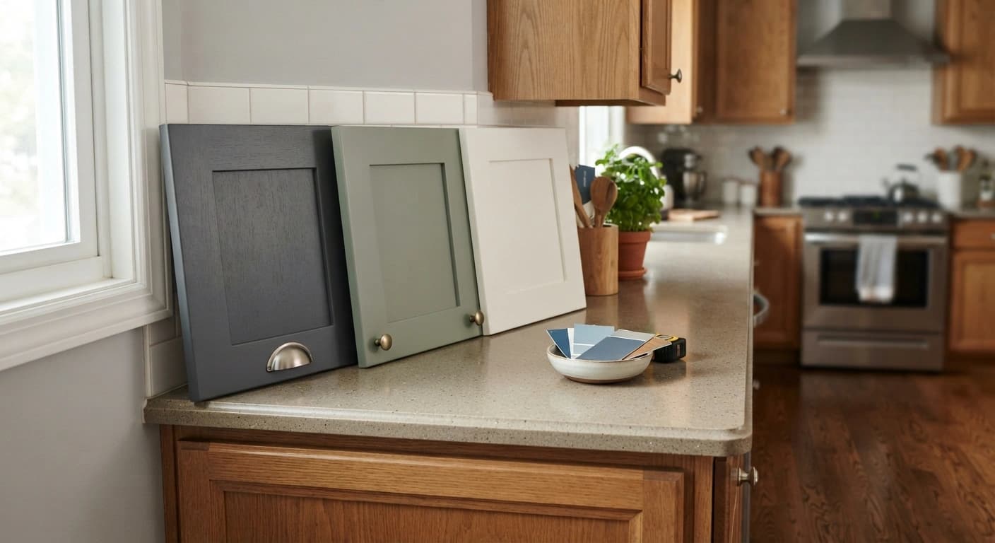 Three cabinet door samples in different popular colors propped on a kitchen counter in morning light