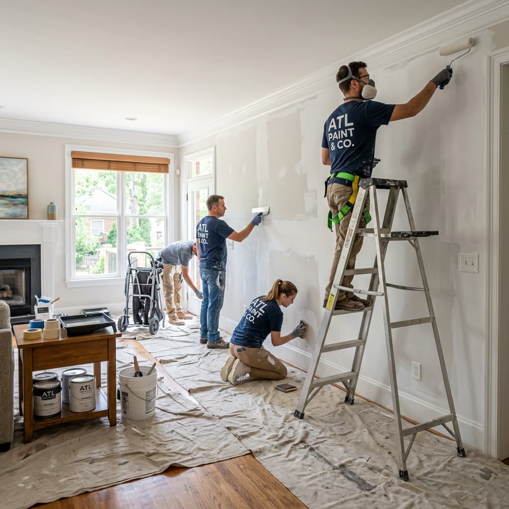 OVO Painting crew patching and priming living room walls in an Atlanta home