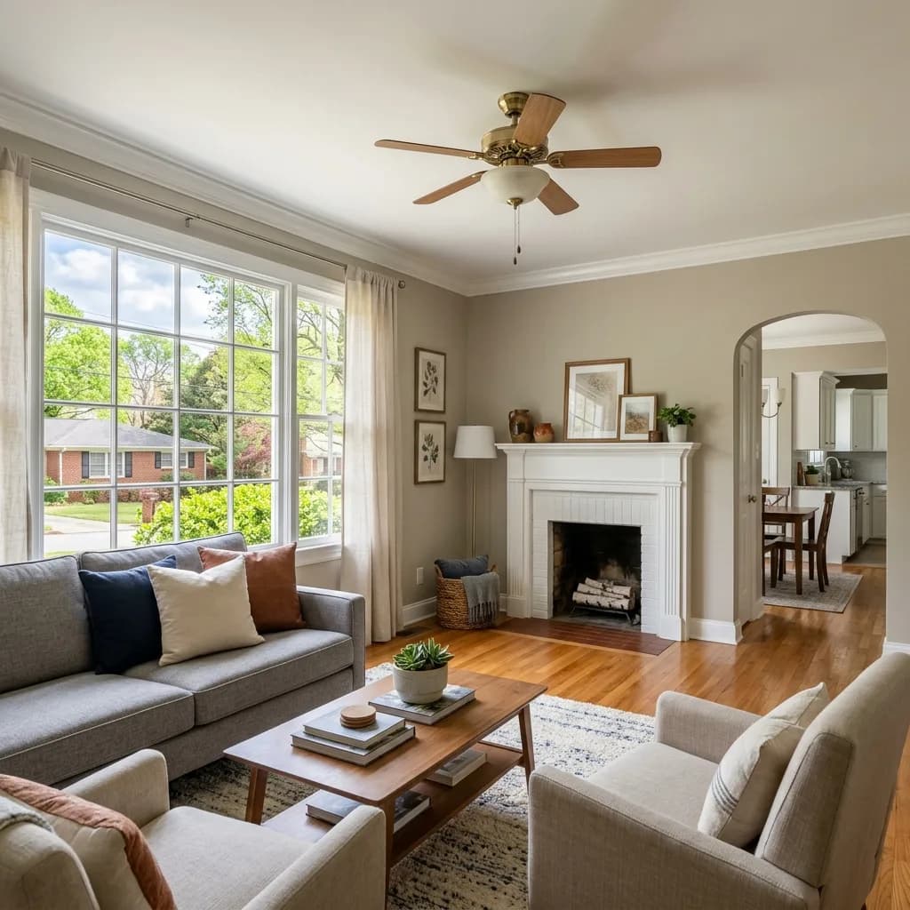 Freshly painted living room in a metro Atlanta ranch home with crisp white trim and warm neutral walls